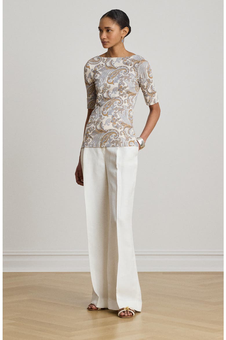 Paisley Stretch Cotton Boat Neck T-Shirt, Alternate, color, CREAM/ MULTI