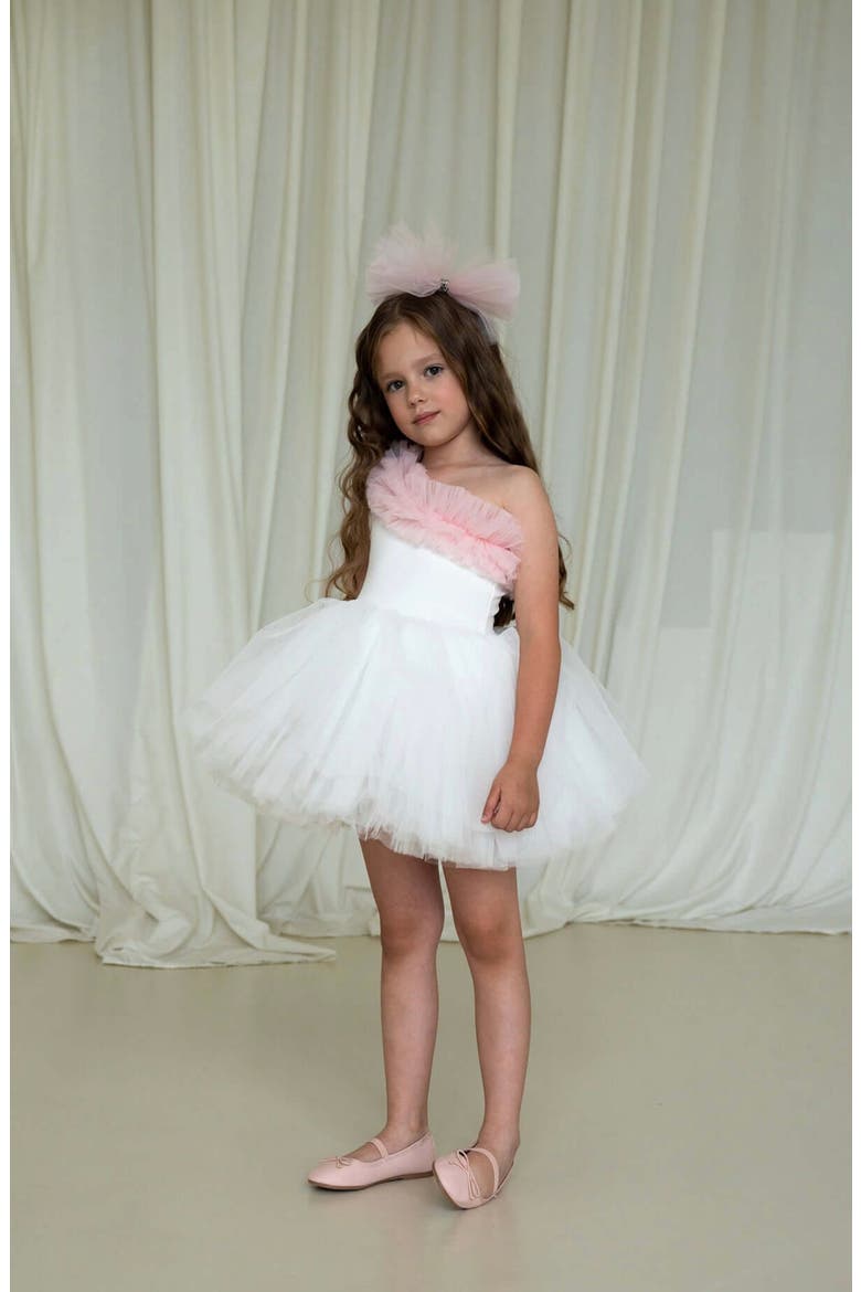 Fiona One Shoulder Ruffle Tulle Dress, Alternate, color, White Lily Pink Ruffle