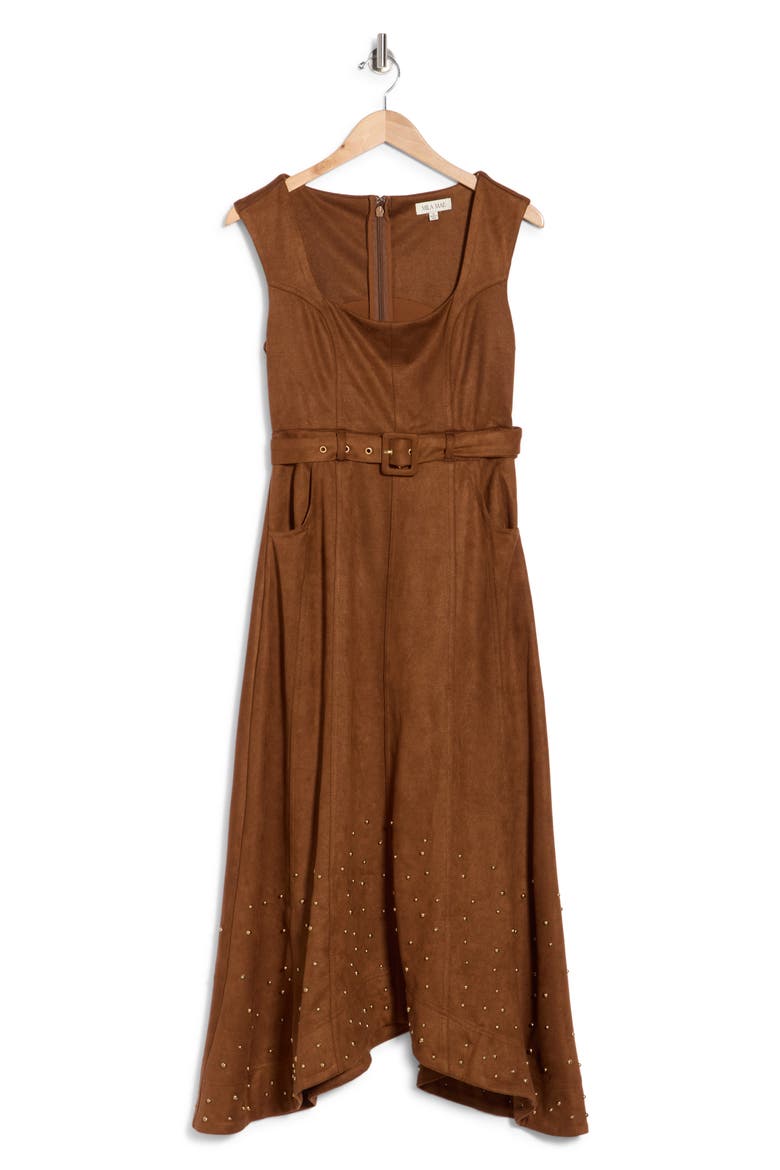 Faux Suede Belted Maxi Dress, Main, color, CAMEL