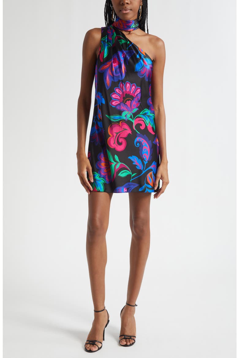 Dolly Asymmetric Stretch Silk Minidress, Main, color, BLACK MULTI FLORAL