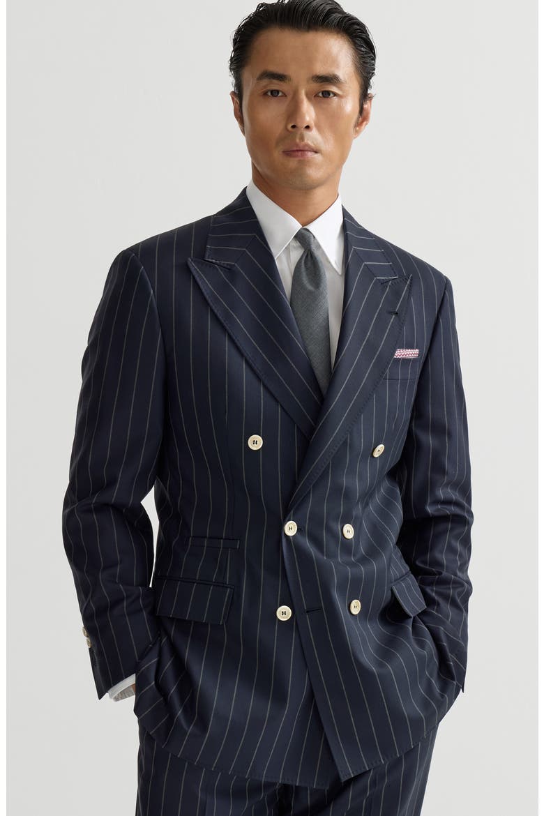 Super 150s virgin wool wide chalk stripe batavia one-and-a-half breasted Tailor blazer, Alternate, color, Blue