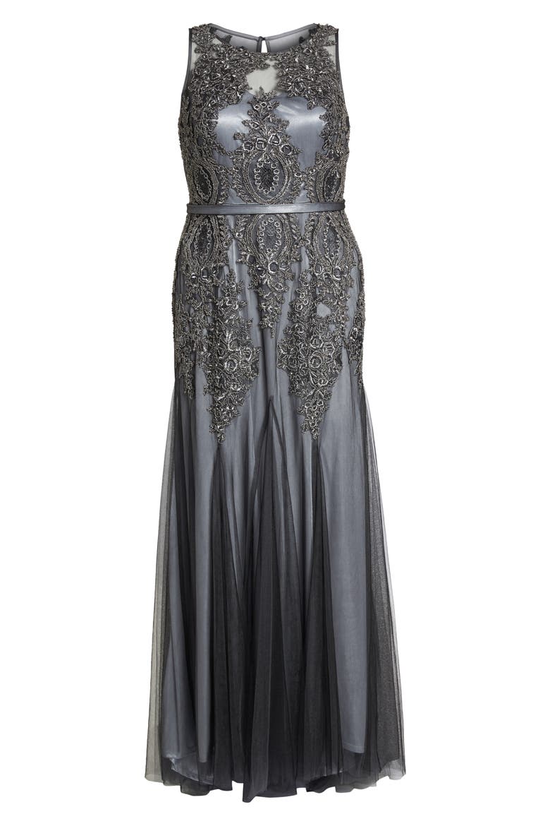Beaded Godet Mesh Trumpet Gown, Alternate, color, CHARCOAL