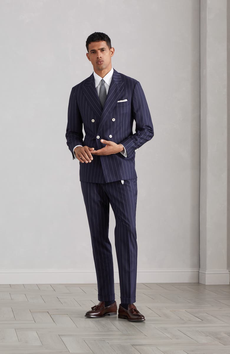 Brunello Cucinelli Leisure fit trousers in super 150s virgin wool wide chalk stripe batavia with pleat, Alternate, color, 