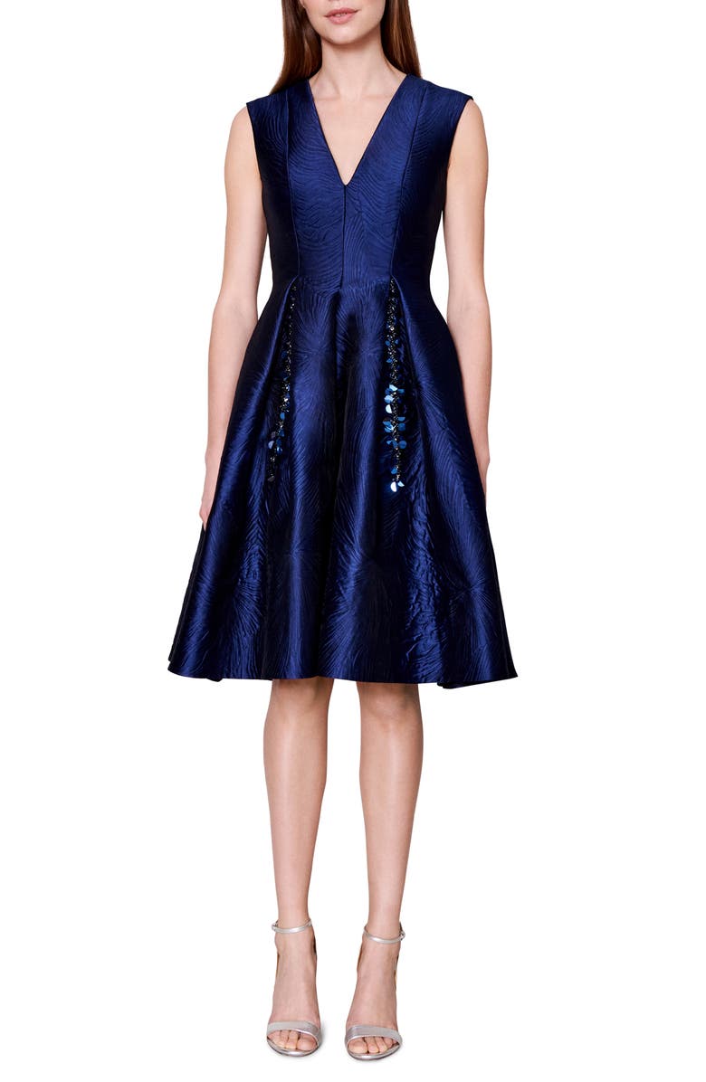 Talbot Runhof Licuala Grandis Sequin Detail Jacquard Fit & Flare Dress, Main, color, 