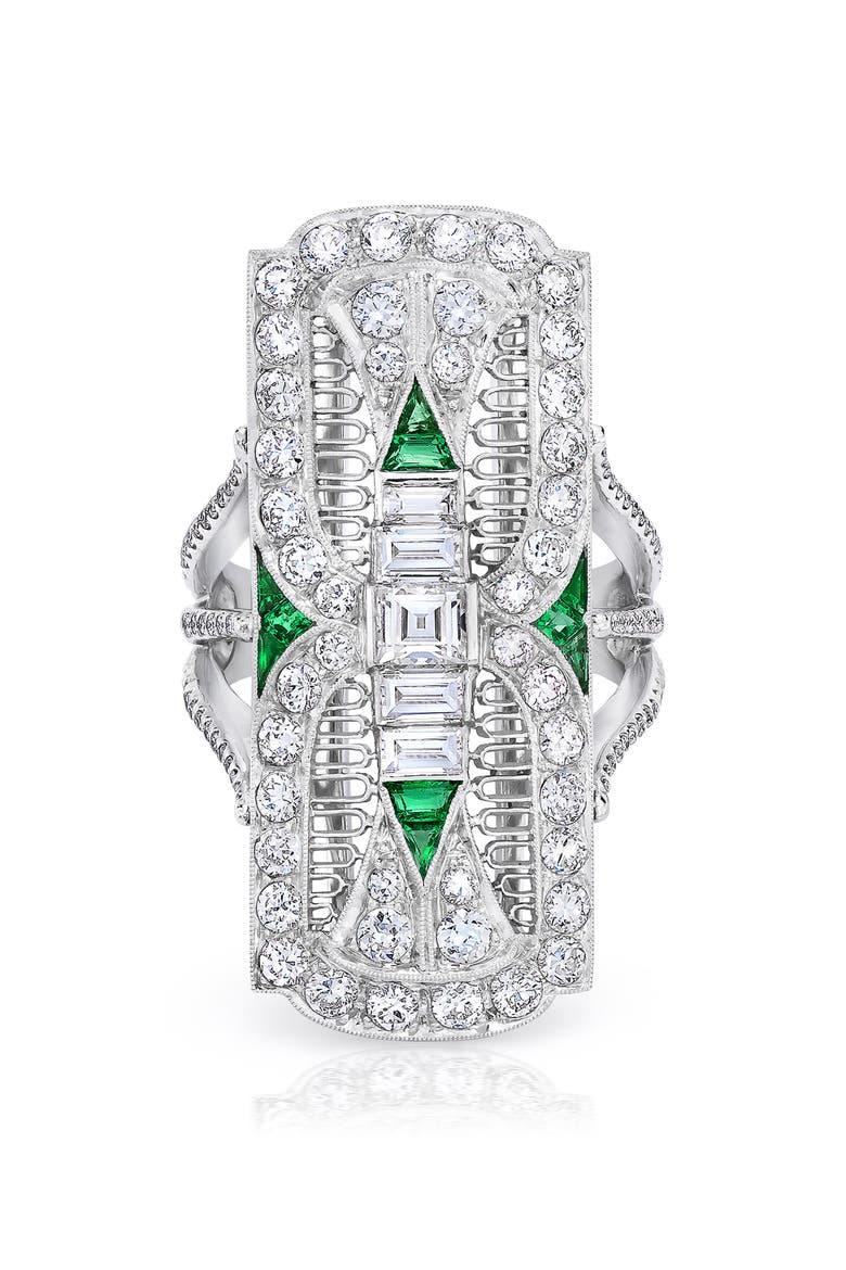 Filigree Diamond & Emerald Dinner Ring, Alternate, color, PLATINUM
