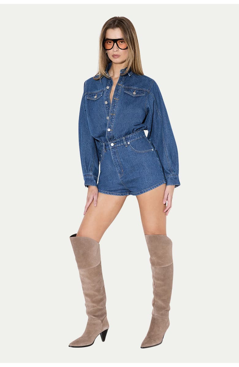 MissPap Structured Shoulder Denim Playsuit, Alternate, color, Mid Wash