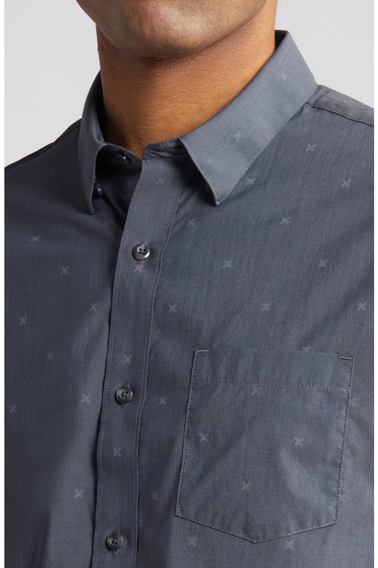 Across the Pond Geo Print Short Sleeve Stretch Button-Up Shirt, Alternate, color, HEATHER BLACK
