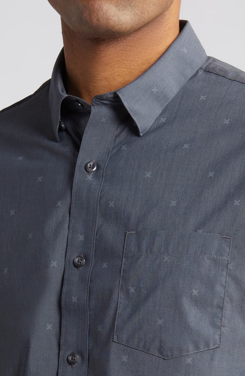 TravisMathew Across the Pond Geo Print Short Sleeve Stretch Button-Up Shirt, Alternate, color, Heather Black