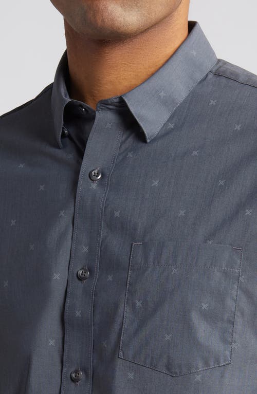 Travismathew Across The Pond Geo Print Short Sleeve Stretch Button-up Shirt In Heather Black