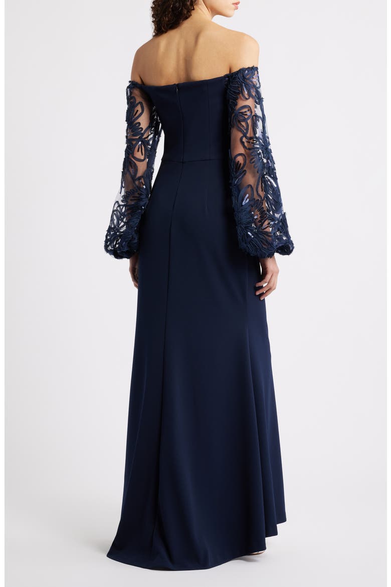 Sequin Balloon Long Sleeve Off the Shoulder Gown, Alternate, color, NAVY