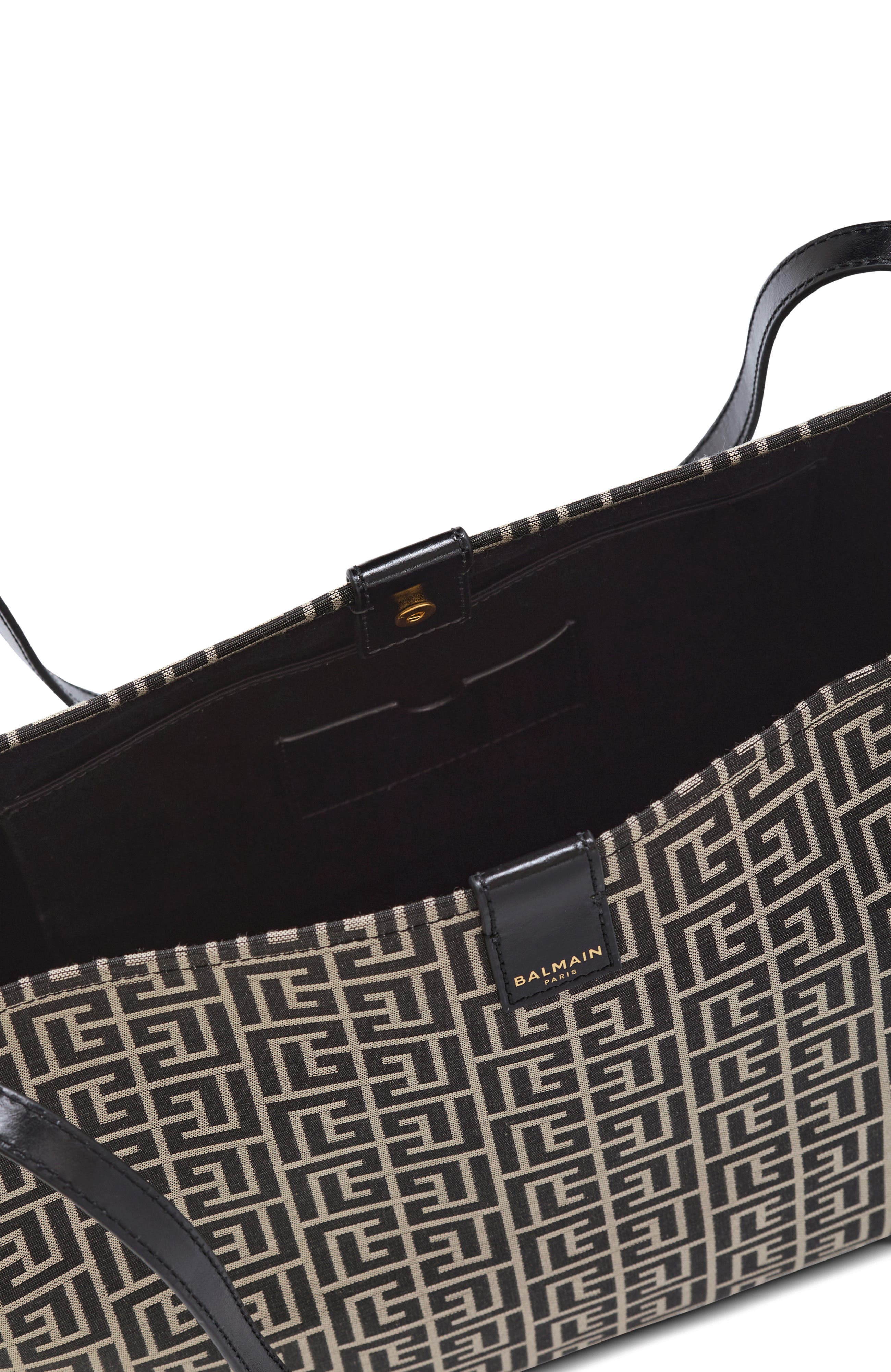 Balmain Medium Release Shopper bag in monogram jacquard and calfskin leather, Alternate, color, Black