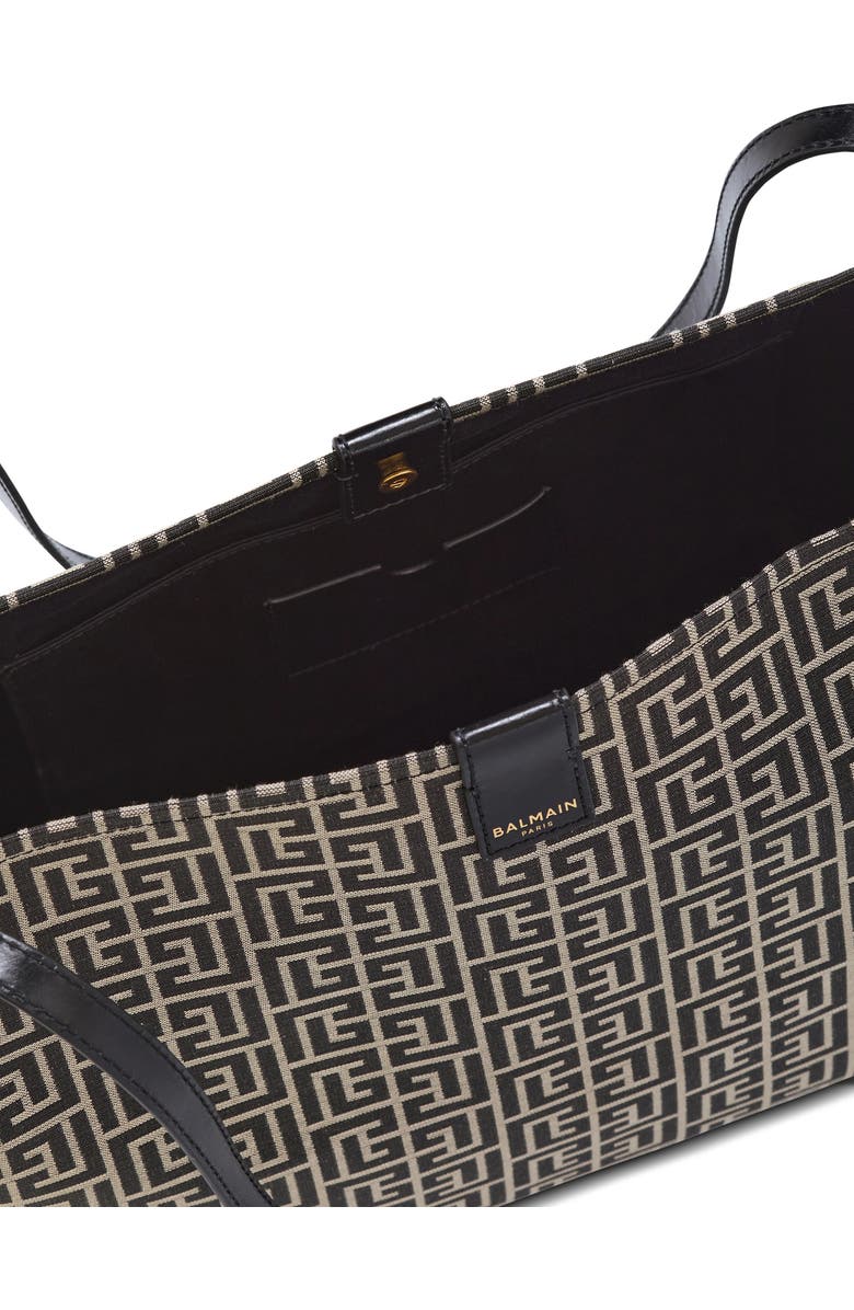 Balmain Medium Release Shopper bag in monogram jacquard and calfskin leather, Alternate, color, Black