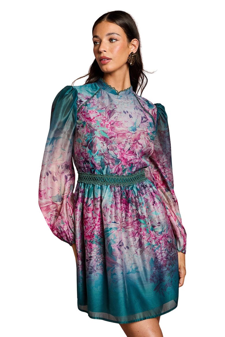 Floral Print Organza Mini Dress, Alternate, color, Teal