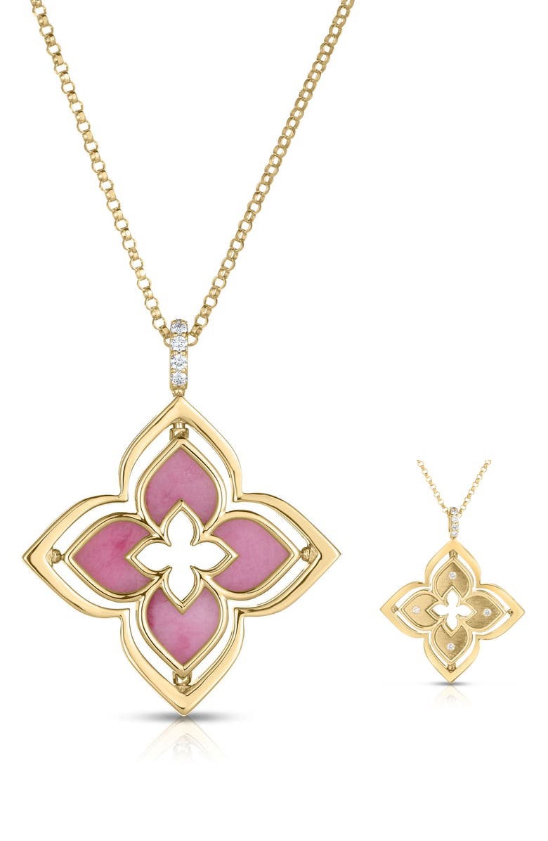 Roberto Coin Venetian Princess Pirouette Diamond Pavé Flower Pendant Necklace, Main, color, Pink