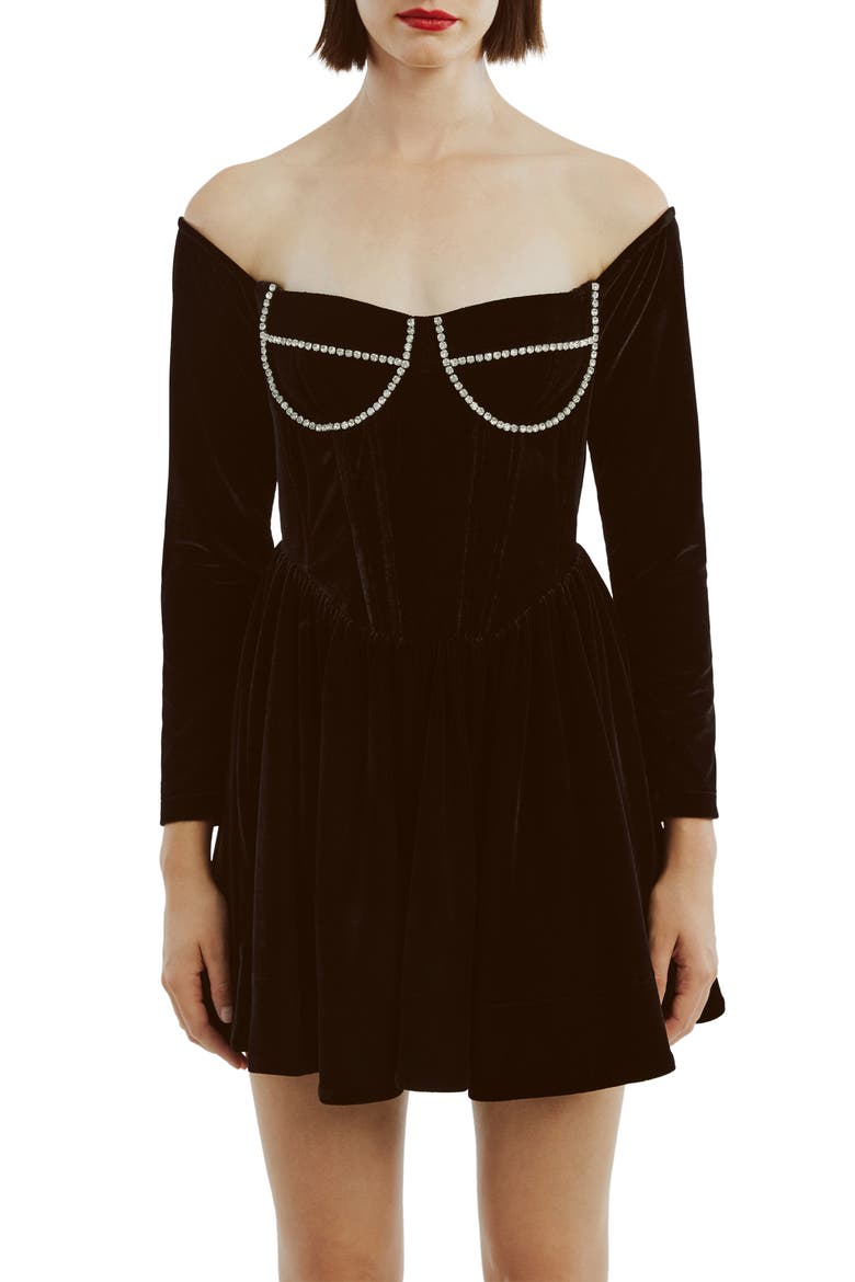 Emlyn Diamante Long Sleeve Velour Minidress, Alternate, color, BLACK