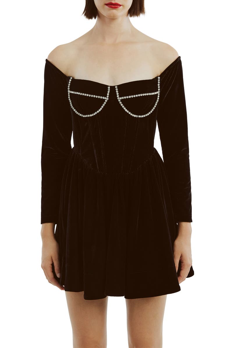 Bardot Emlyn Diamante Long Sleeve Velour Minidress, Alternate, color, Black