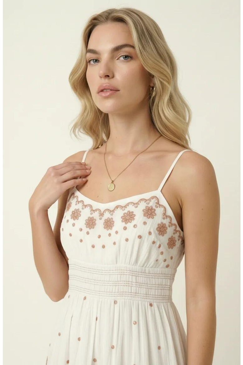 Embroidered Tiered Maxi Dress, Alternate, color, White / Brown Embroidery