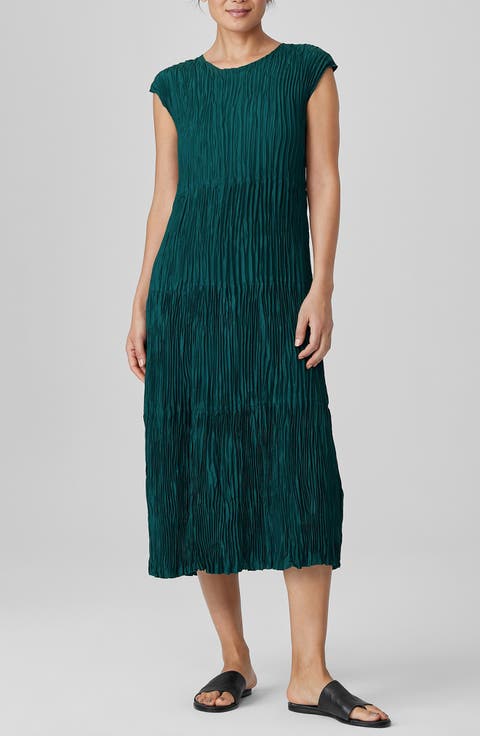Pleated Tiered Silk Midi Dress