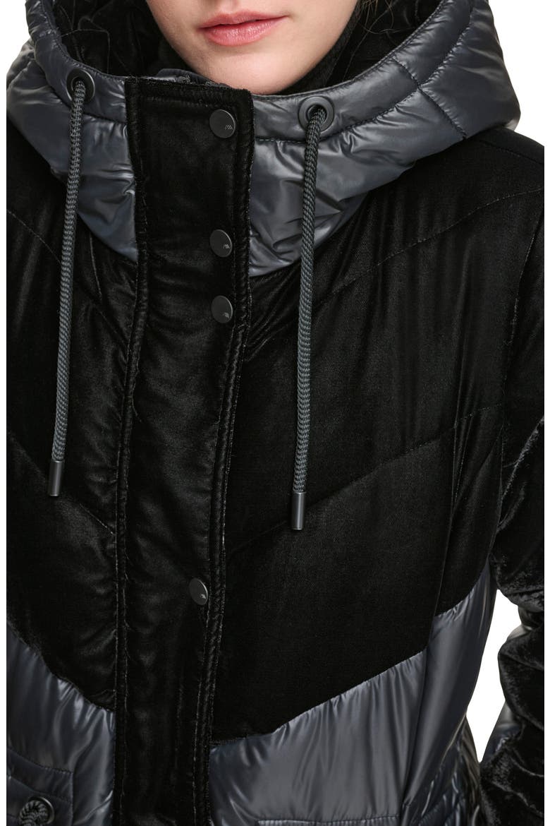 Velvet Panel Hooded Puffer Jacket, Alternate, color, BLACK