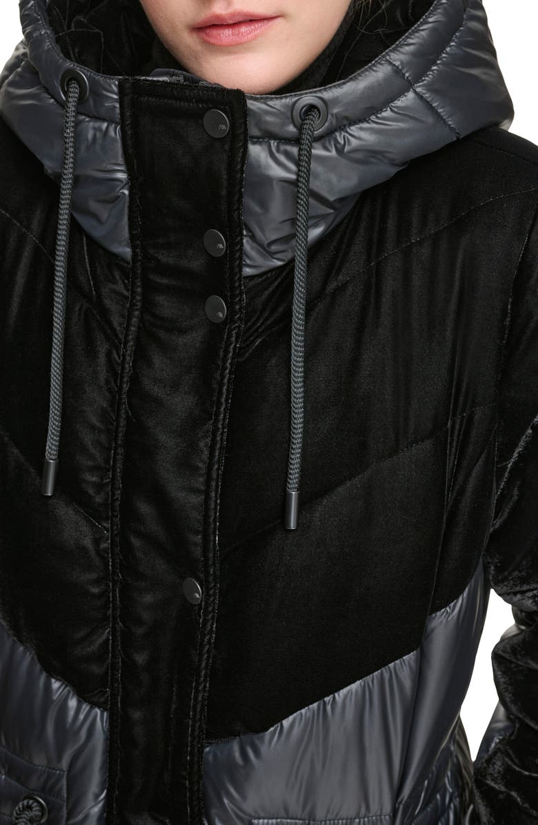 Andrew Marc Velvet Panel Hooded Puffer Jacket, Alternate, color, Black