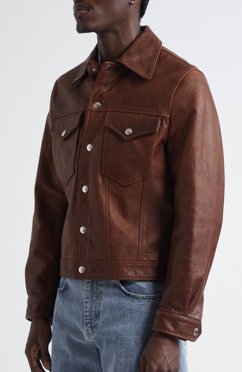 Second Layer Leather Trucker Jacket, Alternate, color, Brown 0036
