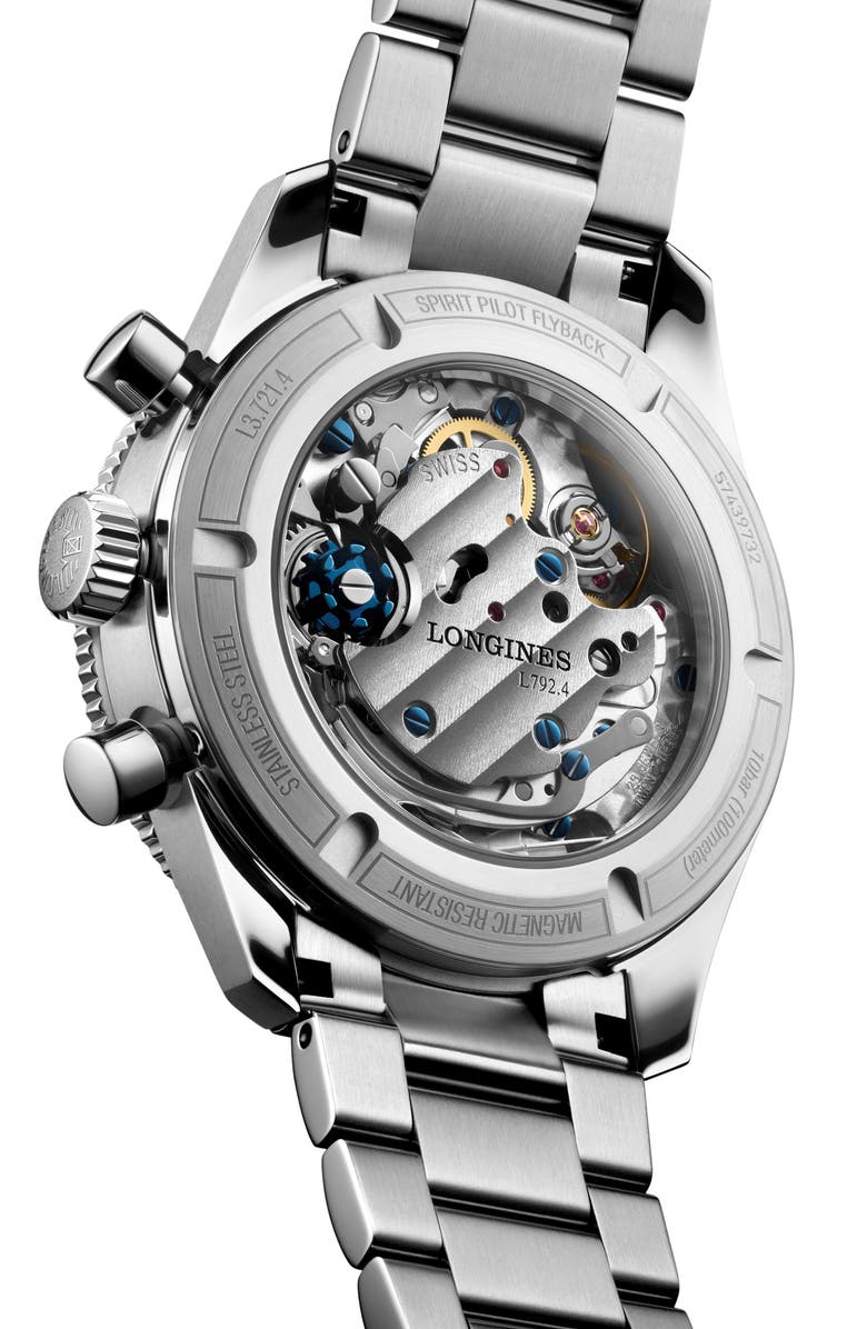 Longines Spirit Pilot Flyback Chronograph Bracelet Watch, 39.5mm, Alternate, color, Black