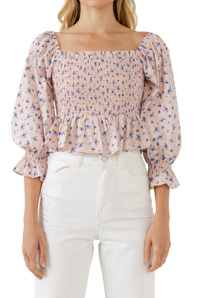 Floral Print Smocked Ruffle Top, Alternate, color, BLUSH