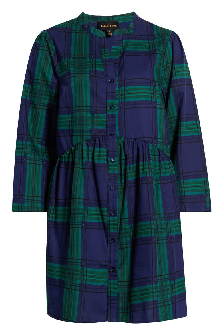 Harrisville Plaid Brie Cotton Button-Up Mini Shirtdress, Alternate, color, NAVY GREEN