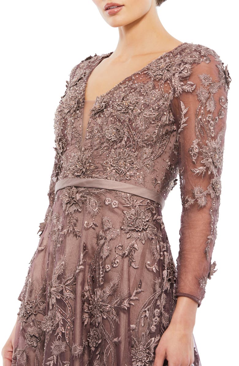 Mac Duggal Long Sleeve Floral Appliqué Mesh Gown, Alternate, color,