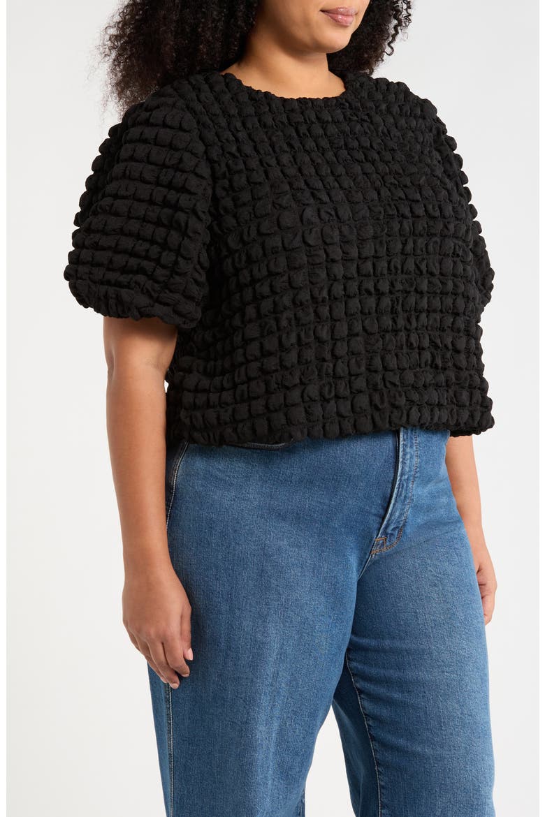 Texture Puff Sleeve Crop Top, Alternate, color, BLACK