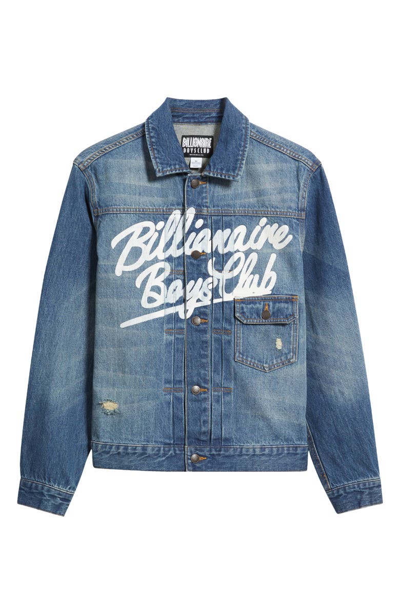 Billionaire Boys Club Script Logo Distressed Denim Trucker Jacket, Main, color, Astra