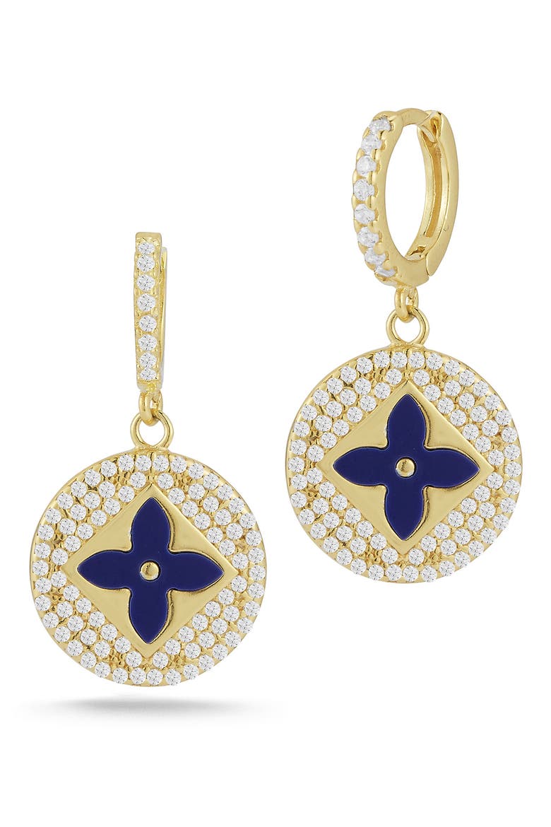 14k Gold Plated Cubic Zirconia & Synthetic Lapis Clover Drop Earrings, Main, color, GOLD