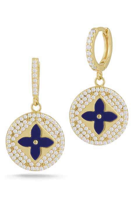 14k Gold Plated Cubic Zirconia & Synthetic Lapis Clover Drop Earrings