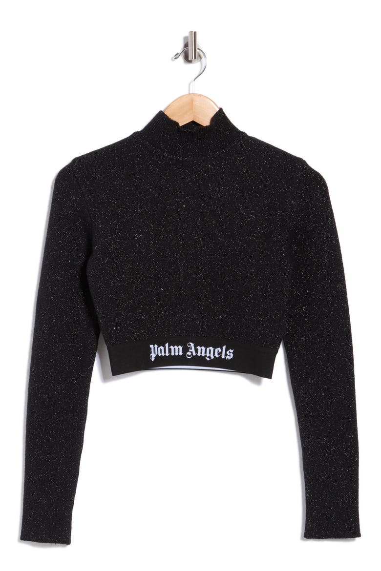 Sparkle Mock Neck Long Sleeve Crop Top, Main, color, BLACK