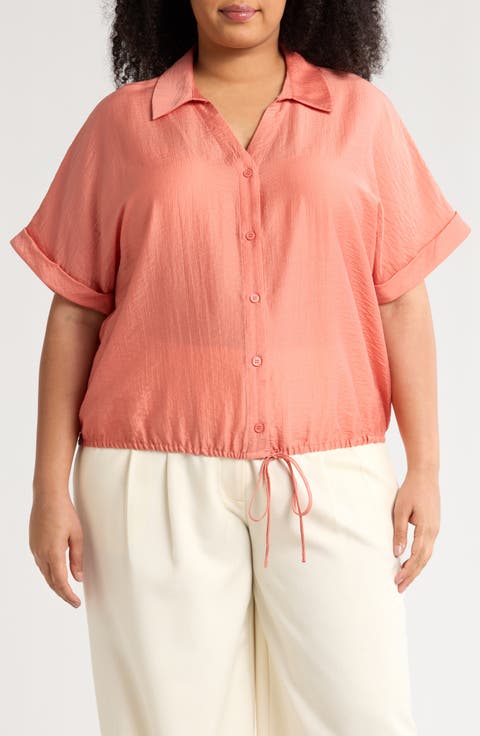 Short Sleeve Tie Front Button-Up Shirt (Plus)