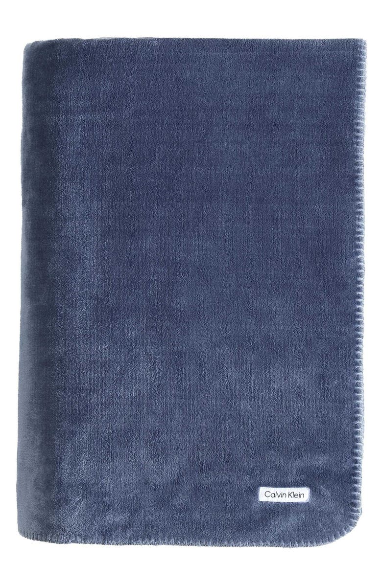 Calvin Klein Home Modern Reversible Solid Plush Blanket, Main, color, Medium Blue