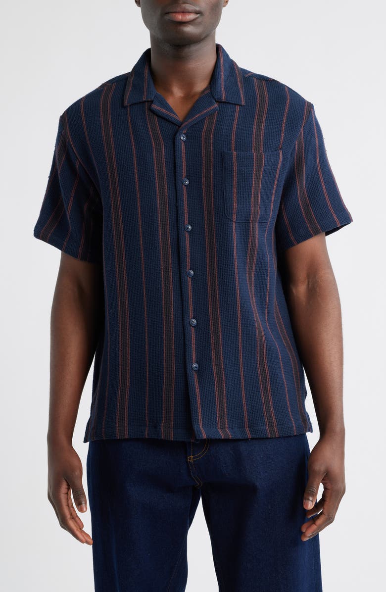 Brixton Bunker Stripe Cotton Waffle Camp Shirt, Main, color, 