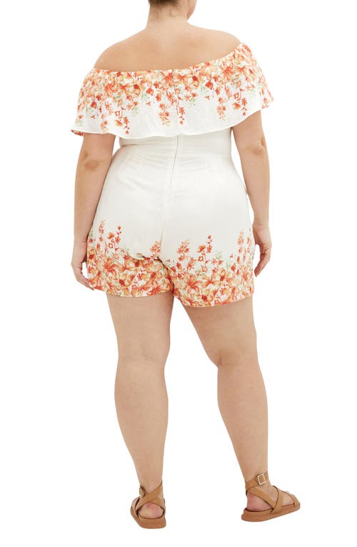 City Chic Poppy Print Off The Shoulder Jumpsuit In Peach Pop Border