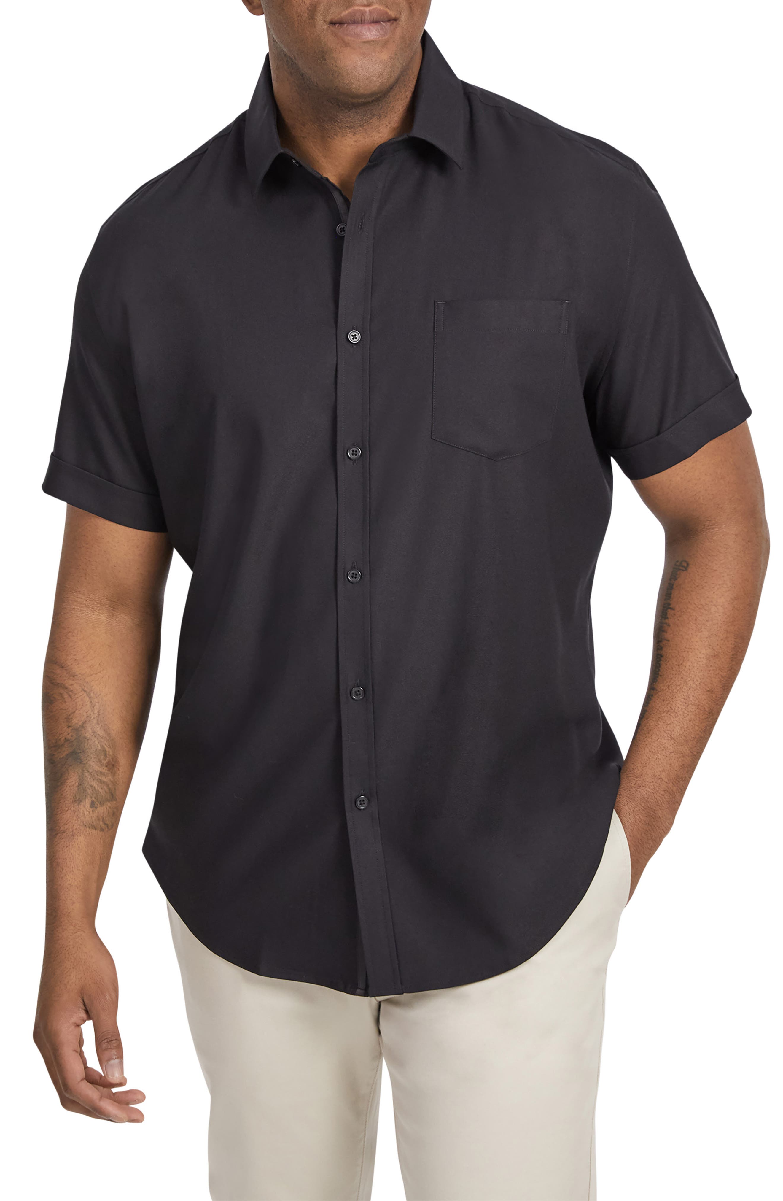 Deniro Solid Black Short Sleeve Stretch Twill Button-Up Shirt