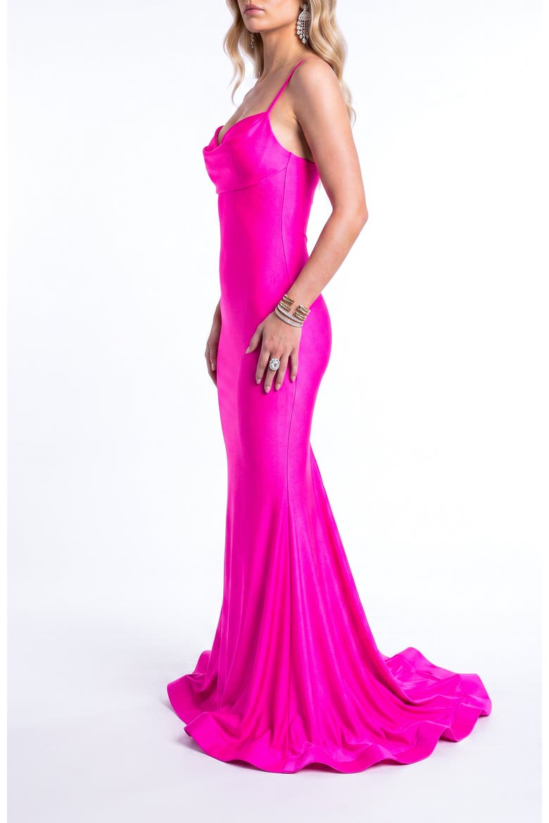 Cowl-Neck Open-Back Mermaid Gown, Alternate, color, Neon Pink