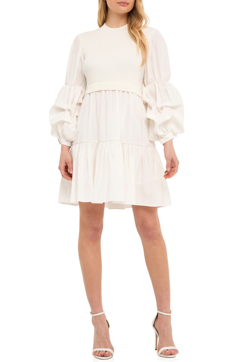 Mixed Media Long Sleeve Tiered Dress, Main, color, IVORYWHITE
