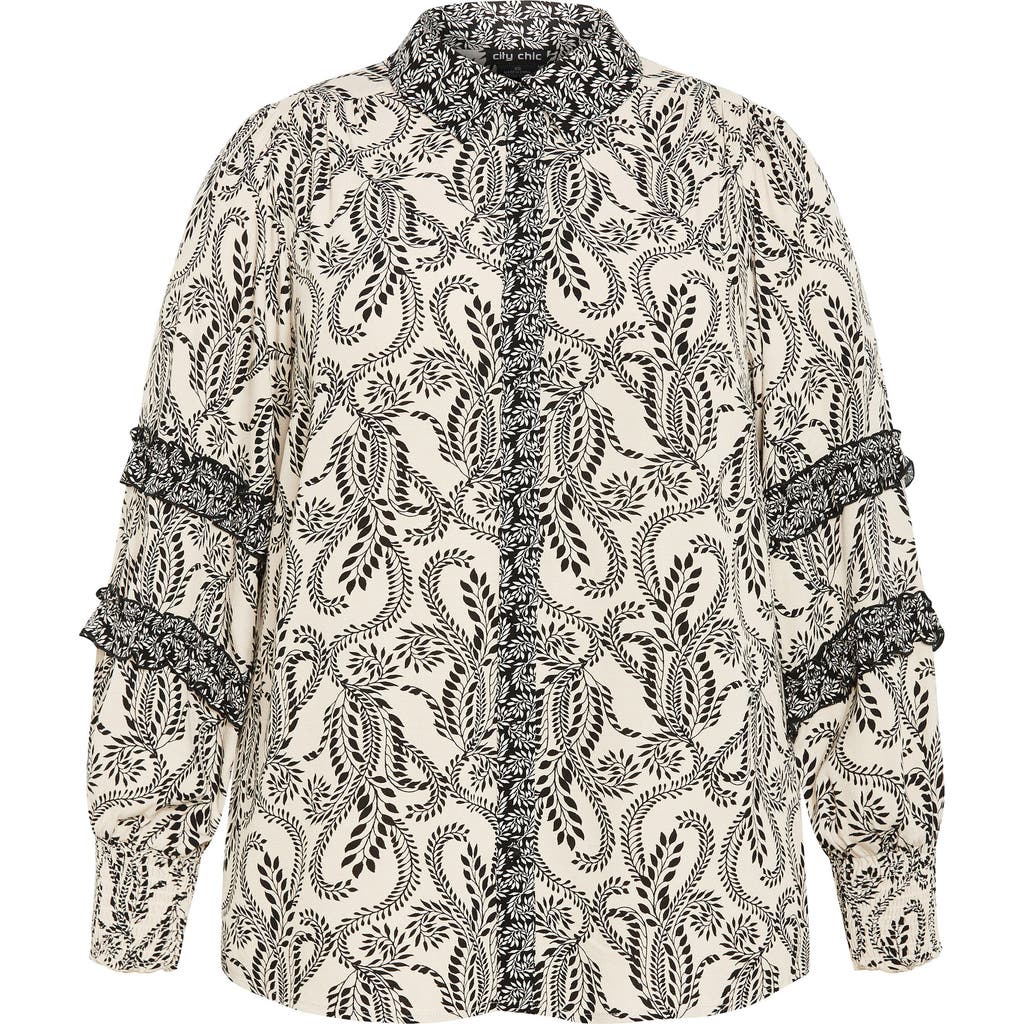City Chic Lylah Mixed Print Long Sleeve Button-up Shirt In White