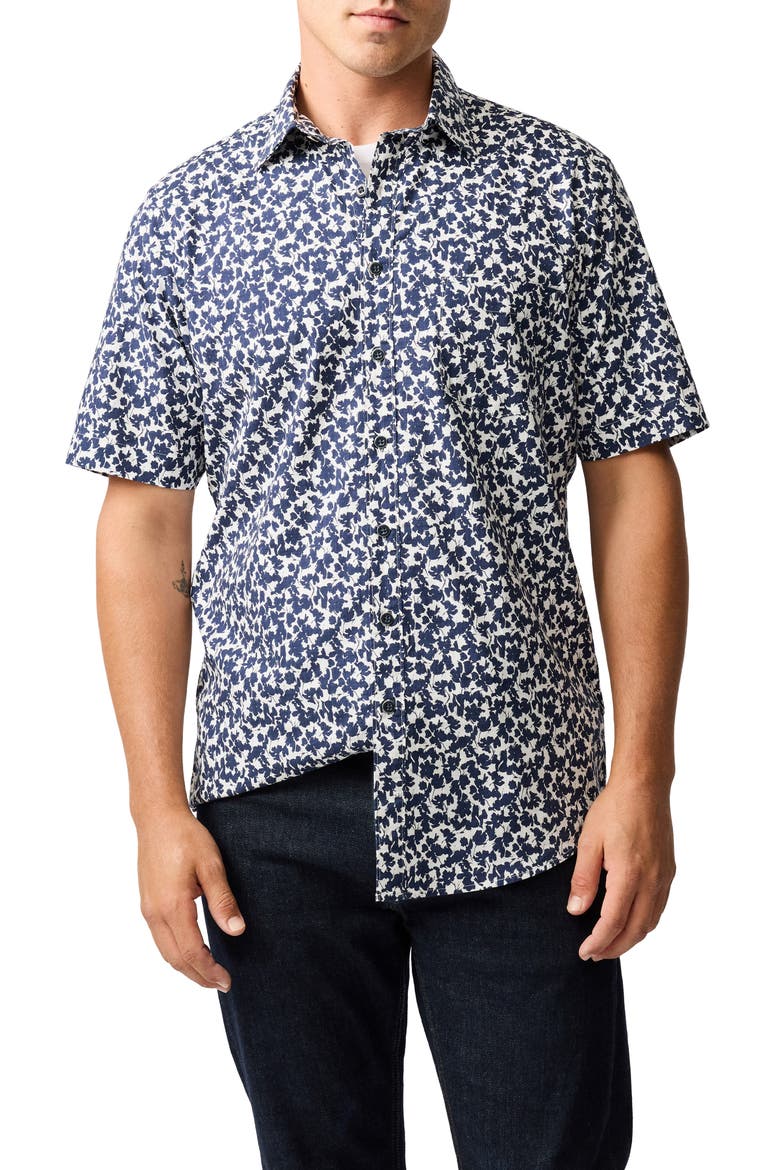 Jameison Bay Floral Short Sleeve Cotton Button-Up Shirt, Main, color, NAVY