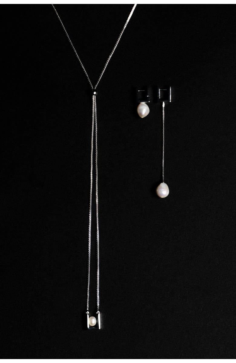 COS Mismatched Rectangular Pearl Drop Earrings, Alternate, color, Silver