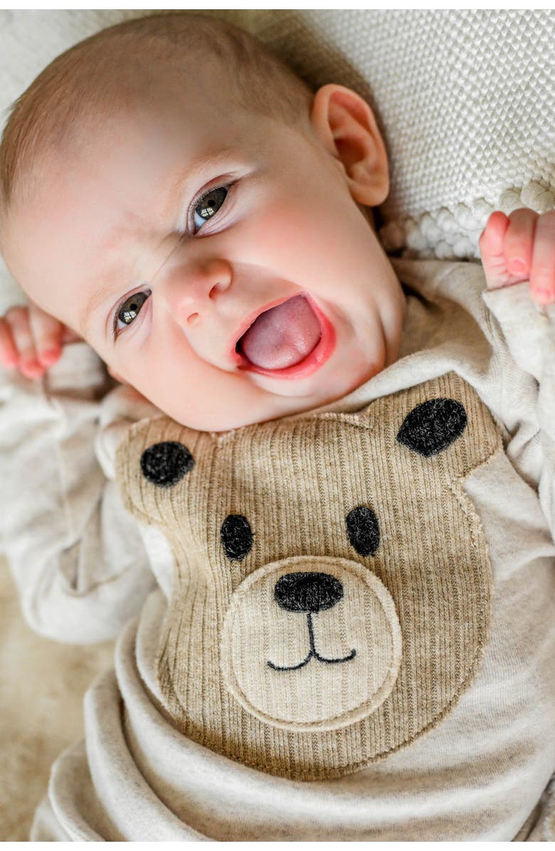 oh baby! Teddy Bear Face Applique Long Sleeve Two Piece Set, Alternate, color, 