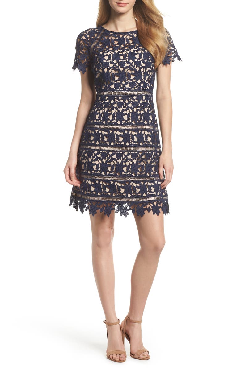 Eliza J Lace Overlay Sheath Dress, Main, color, 