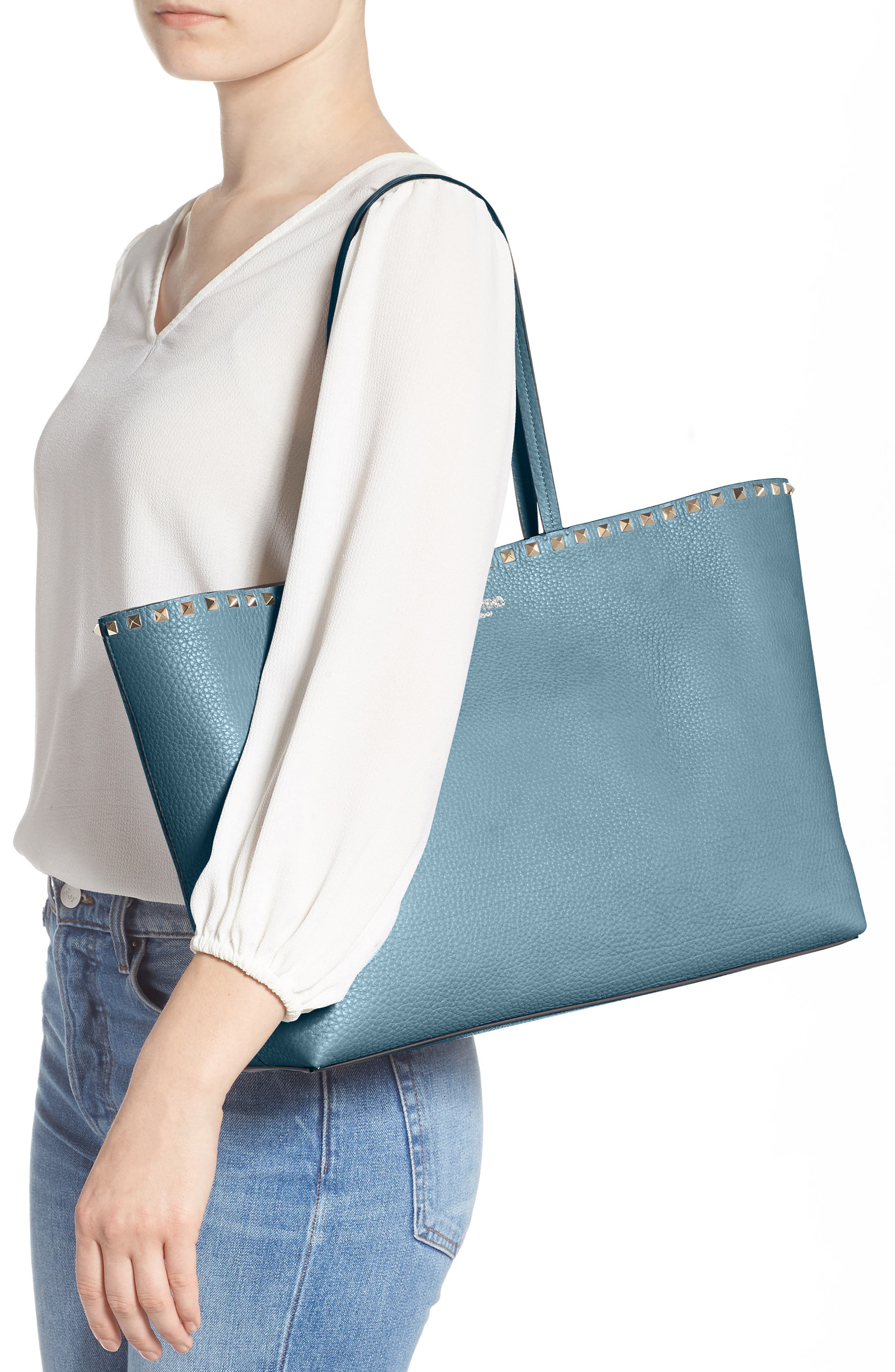 Rockstud Leather Tote, Alternate, color, AMADEUS