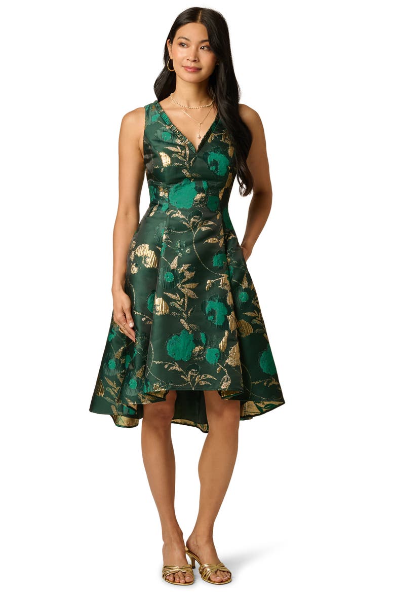 Metallic Jacquard Fit & Flare Cocktail Dress, Alternate, color, HUNTER GOLD