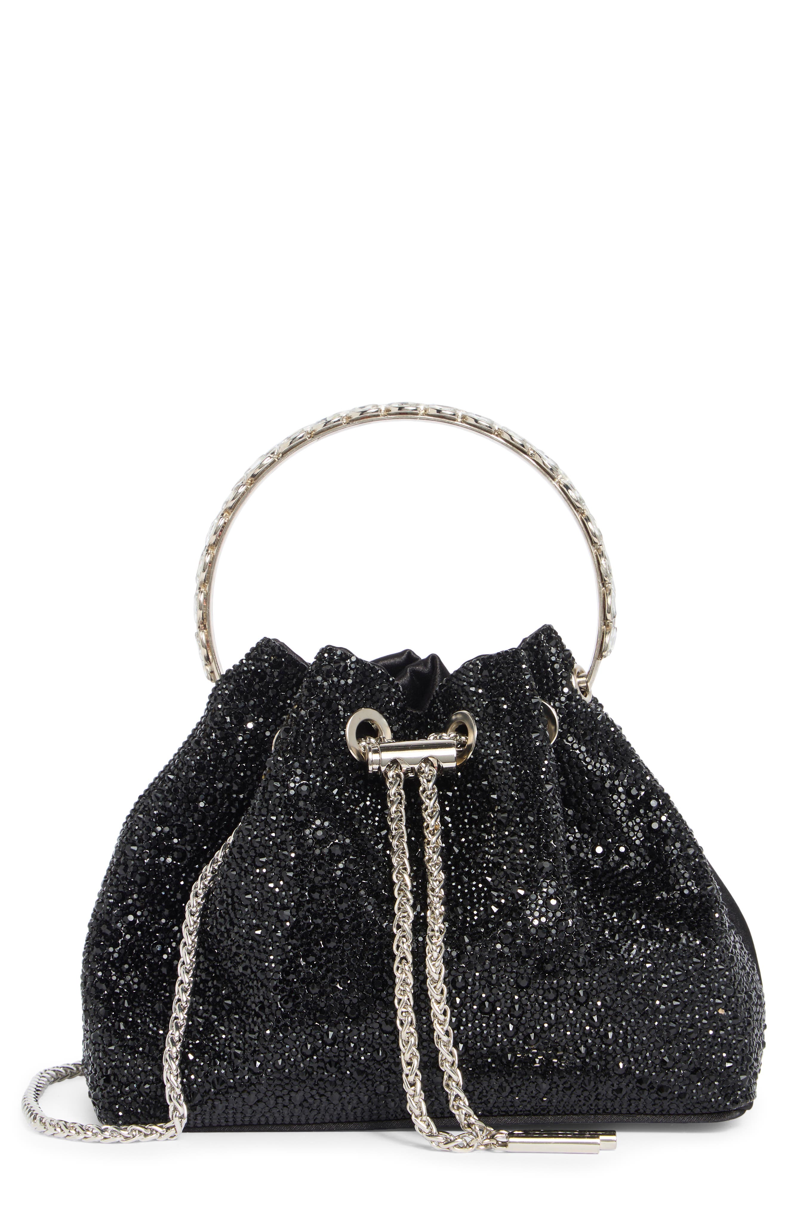 ALESSIA BIANCHI Rhinestone Embellished Bucket Bag Clutch, Main, color, Black