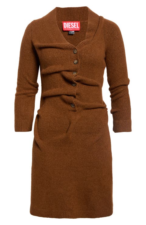 M-Anita Asymmetric Button Ribbed Wool Blend Dress